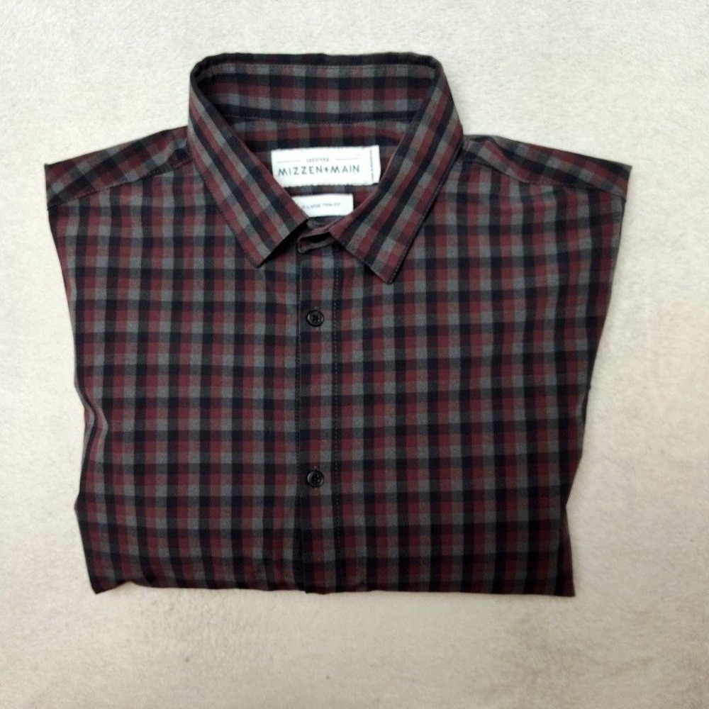 Mizzen+Main Shirt Mens XL Red Plaid Button-Up Slim Trim Fit Long Sleeve Leeward